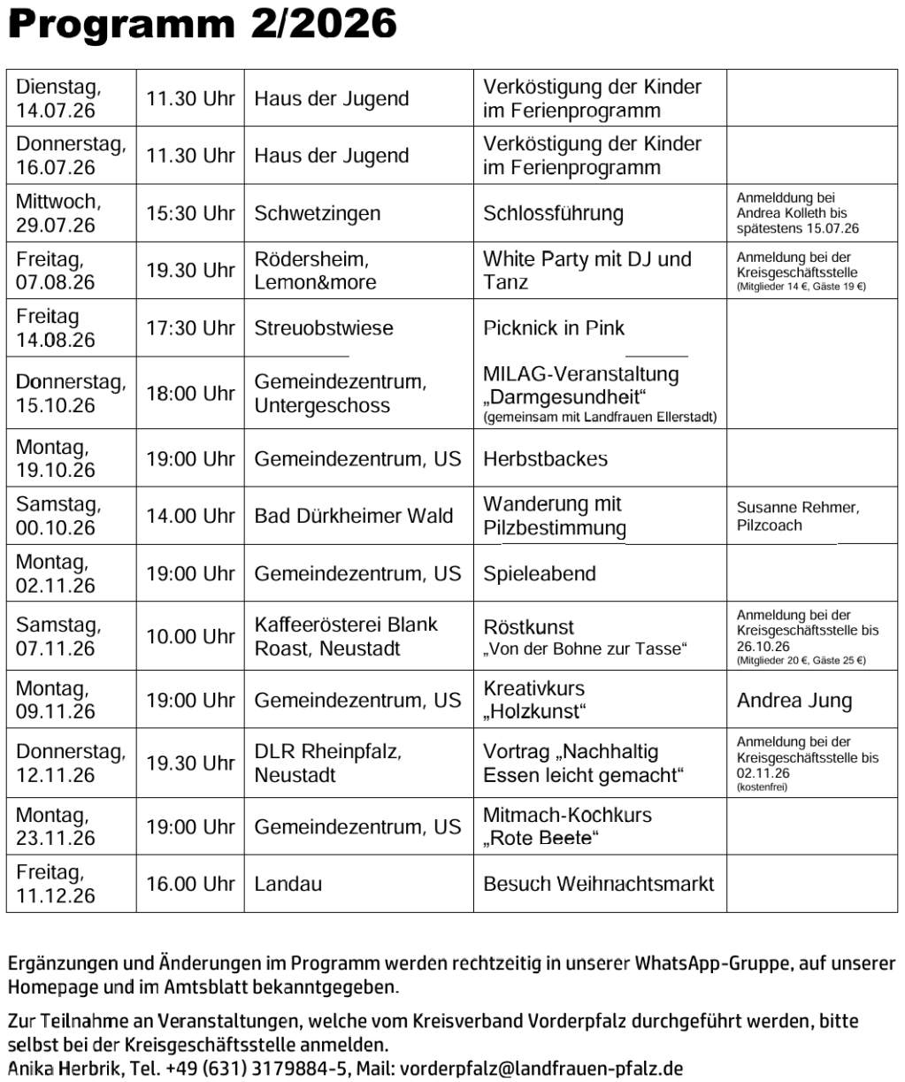 Ein Veranstaltungsprogramm mit Terminen und Aktivitäten für das zweite Quartal 2026.